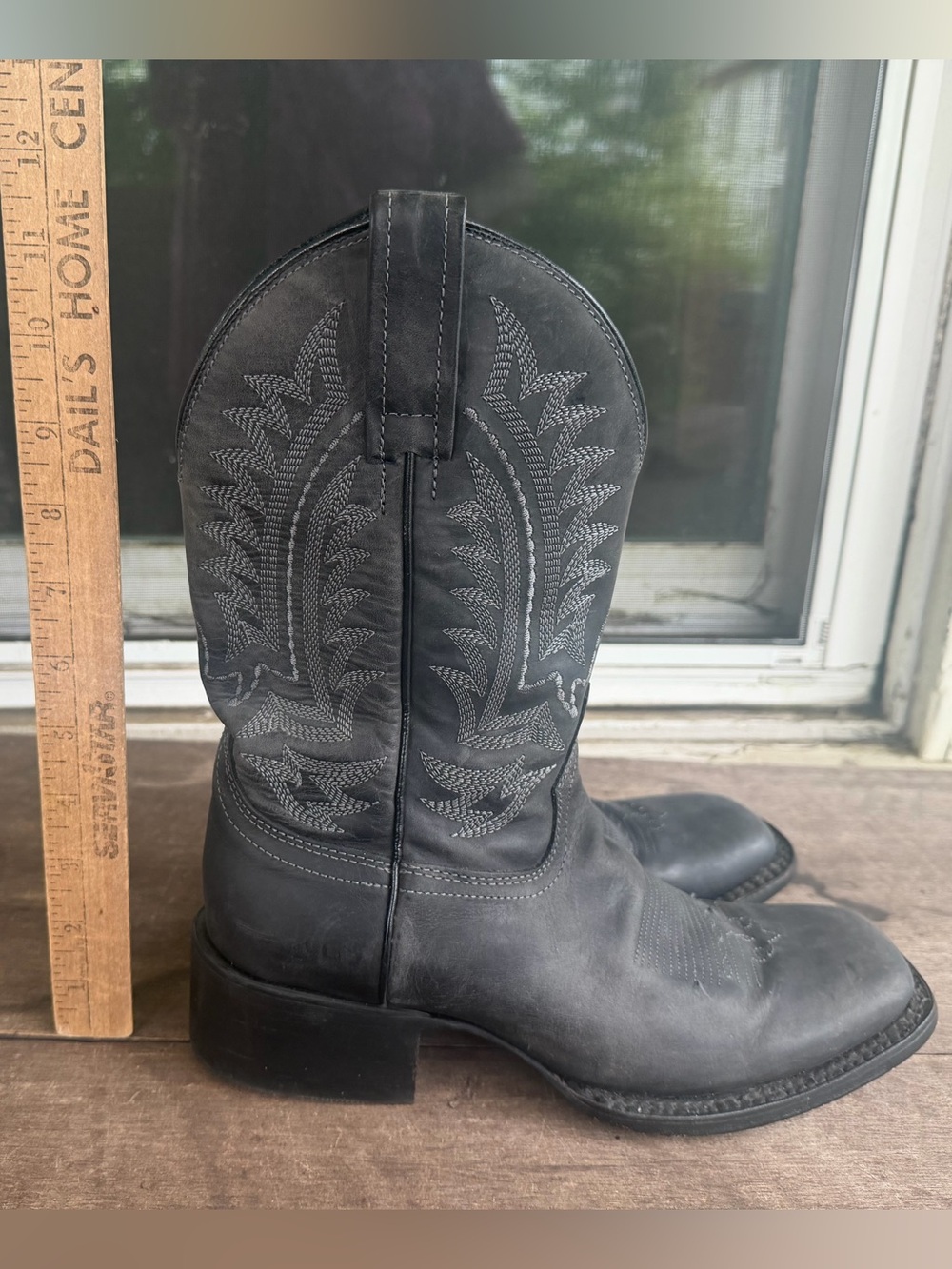 JB DILLON Reserve Black Leather Square Toe Cowboy Boots Sz 7.5B Gray Embroidery - Picture 15 of 16